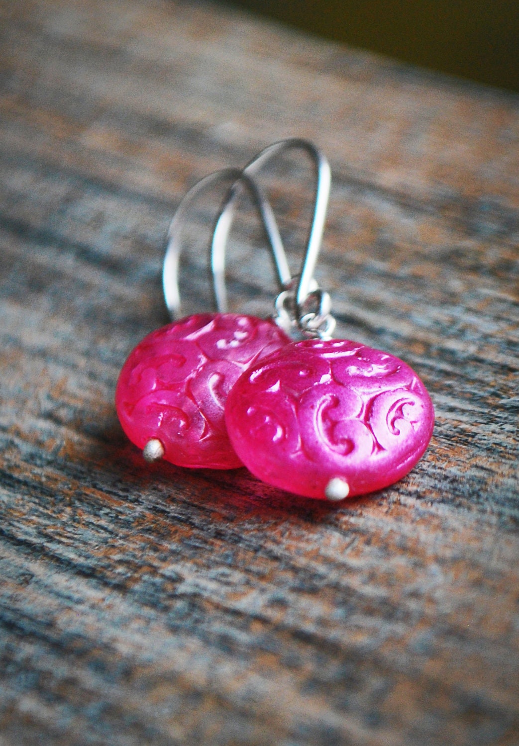 Metallic Fuchsia Pink Filigree Pressed Czech Glass Coins Wire Wrapped in bright Sterling Silver - Earrings