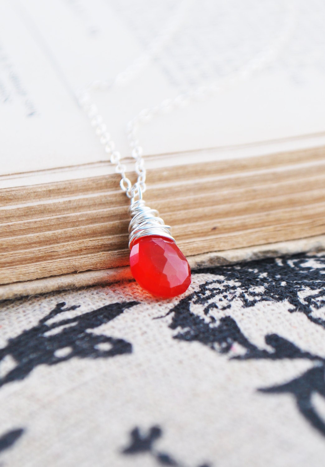 Tomato Red Chalcedony Faceted Pear Briolette Wire Wrapped with Sterling Silver - Cherry Necklace