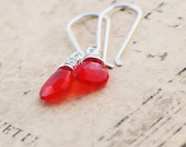 Tomato Red Chalcedony Faceted Pear Briolettes Wire Wrapped with Sterling Silver - Cherry Earrings