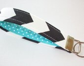Key FOB / KeyChain / Wristlet  - Black Chevron with turquoise white polka dots