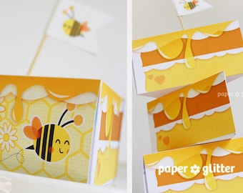 Honey Glazed Paper Cake Slice with Bee favor baking party box printables - Editable Text Printable PDF 1061