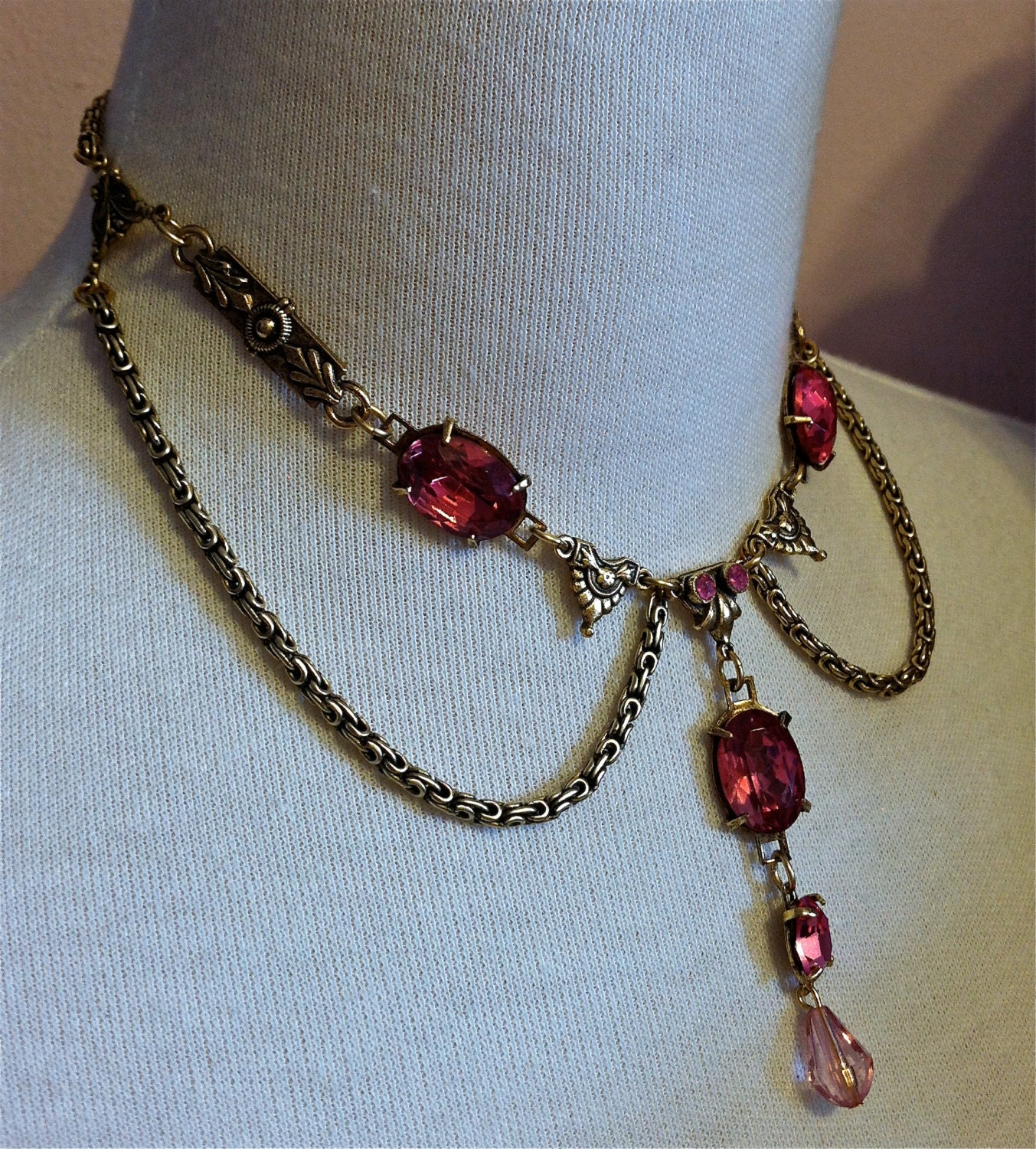 Great Gatsby Gold Dazzling DECO Pink Crystal Princess sparkling Fairy Necklace
