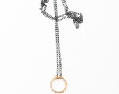 Brushed gold necklace hammered by hand and paired with a black oxidized silver chain - "Simple Classic Circle Necklace in 14k Solid Gold"