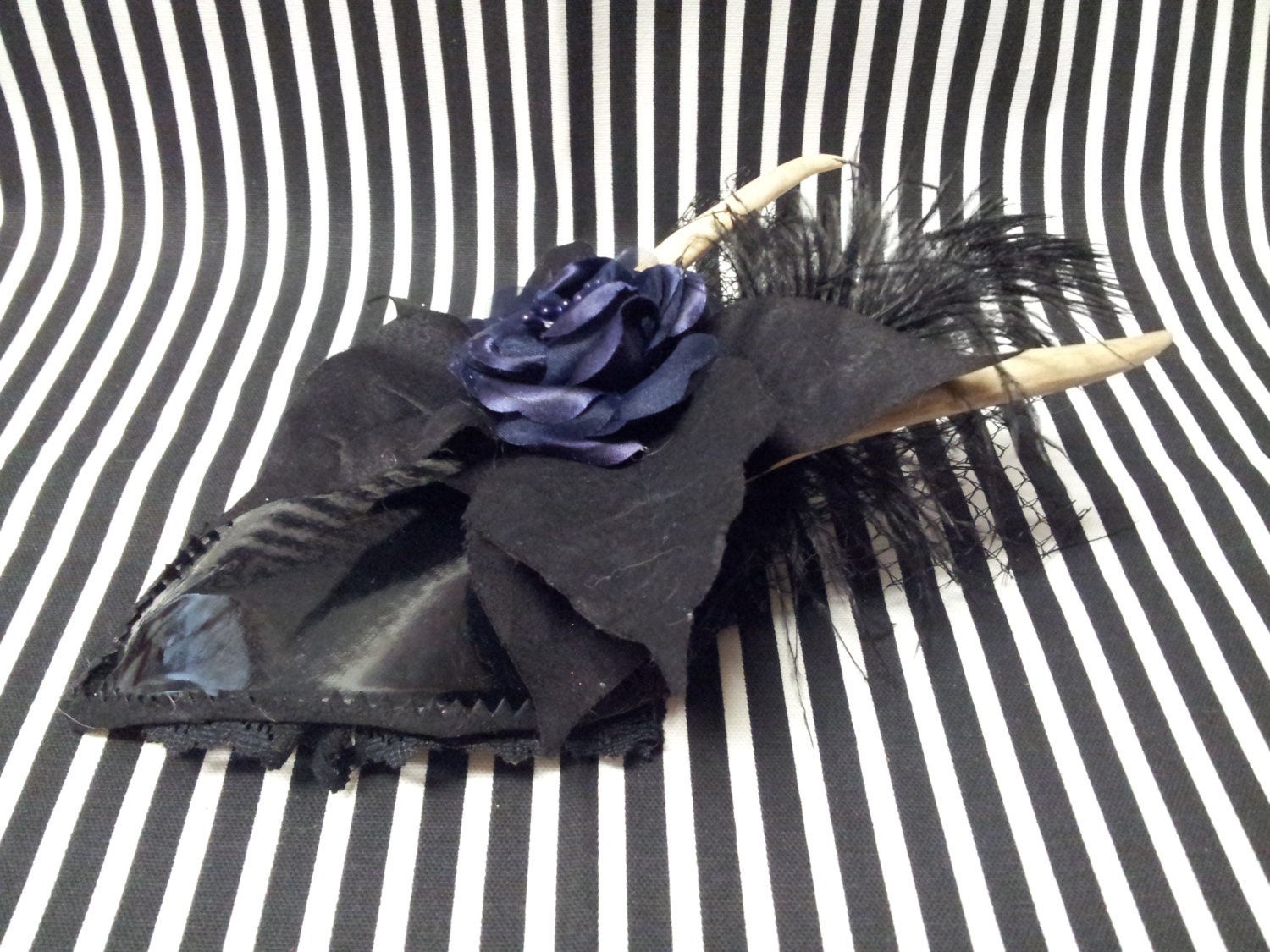 Black PVC Tear Drop Fascinator with REAL Antlers Burlesque Goth Taxidermy