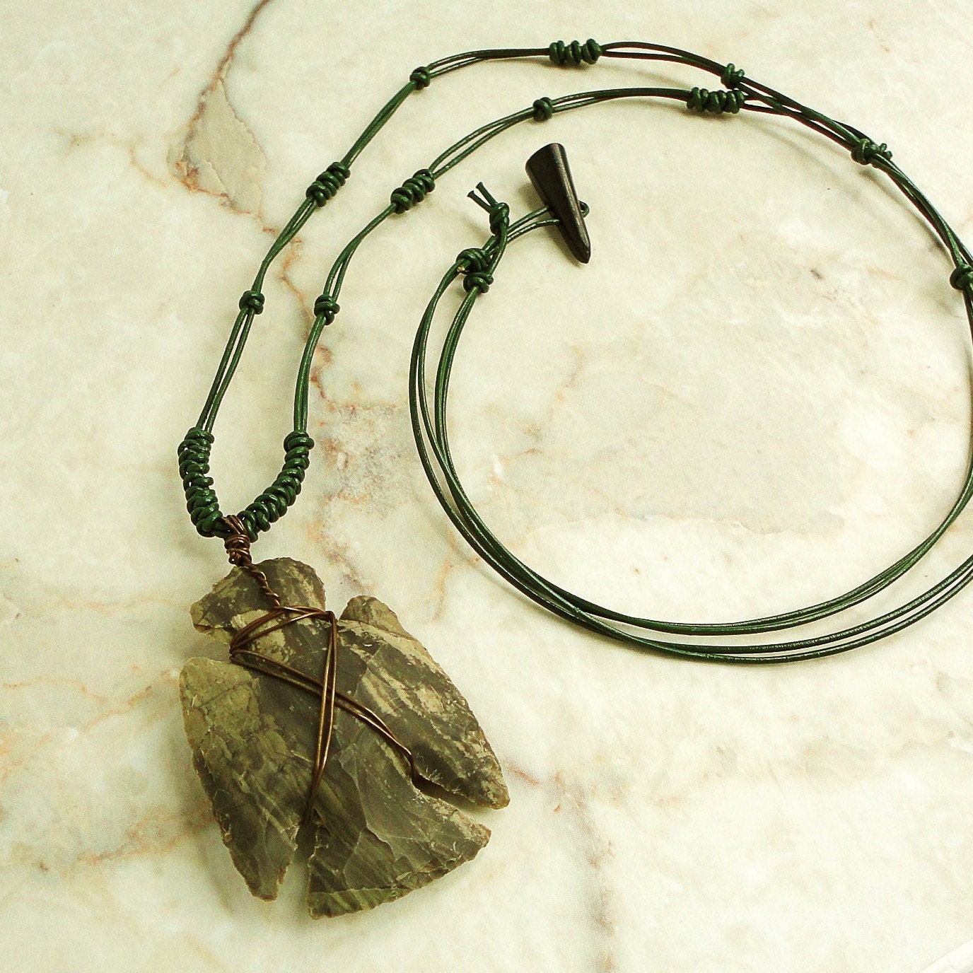 Mens Long Leather Necklace 32in, Hand Knapped Jasper Stone Thunderbird Eagle Pendant, Braided Green Leather, Tribal, Men, Guys