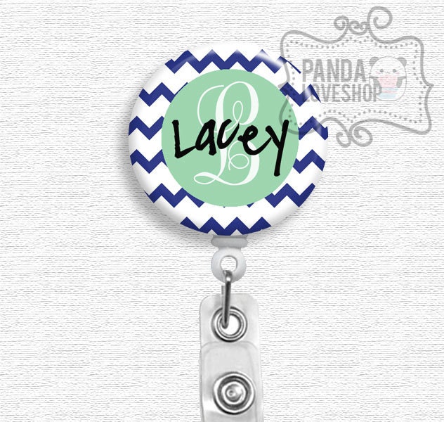 Badge Holder, Personalized Name, Preppy Navy Chevron with Mint, Retractable Badge Holder, Nurse Badge Reel