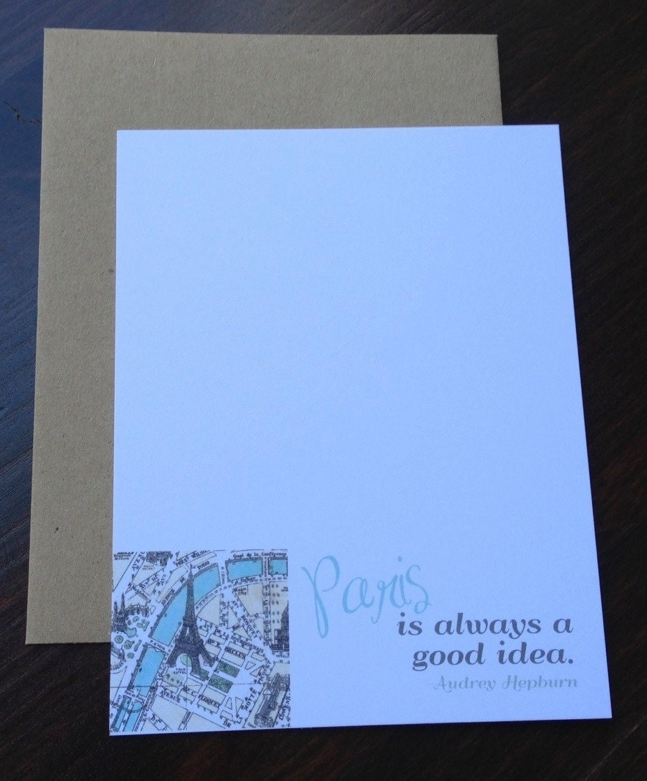 SALE - Paris is Always a Good Idea Cards III w. Kraft Envelopes (A2) (set of 5). Audrey Hepburn Paris Quote Note Cards. Flat parisian cards.