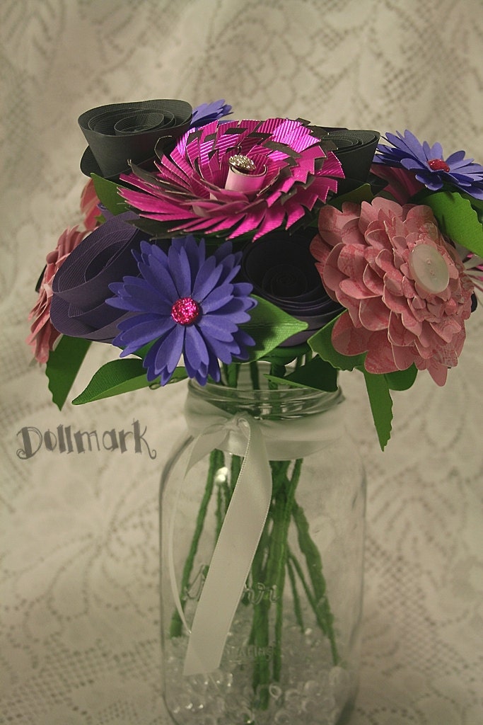 Bright Pink, Purple and Gray Paper Flower Bouquet - Novelty gift idea - Valentines gift, Birthday gift
