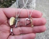 Best friend necklaces gift set. Key to my heart jewelry. Vintage Coro charms, silver and gold mixed metal. Key necklace, heart necklace.