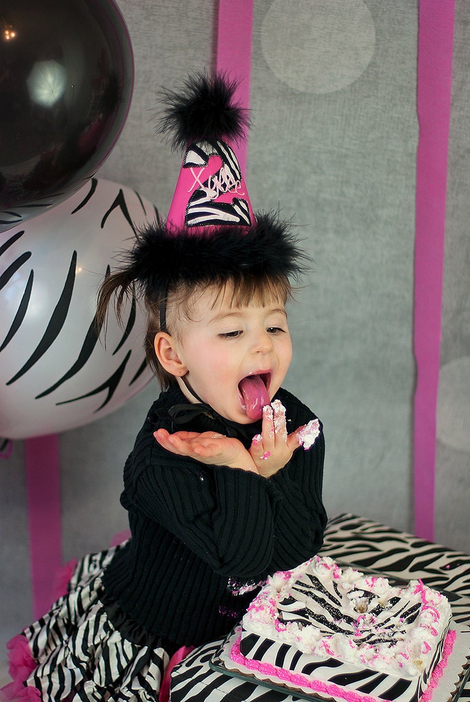 Zebra Girls Birthday Hat...First Birthday Hat...Second Birthday Hat...Third Birthday hat