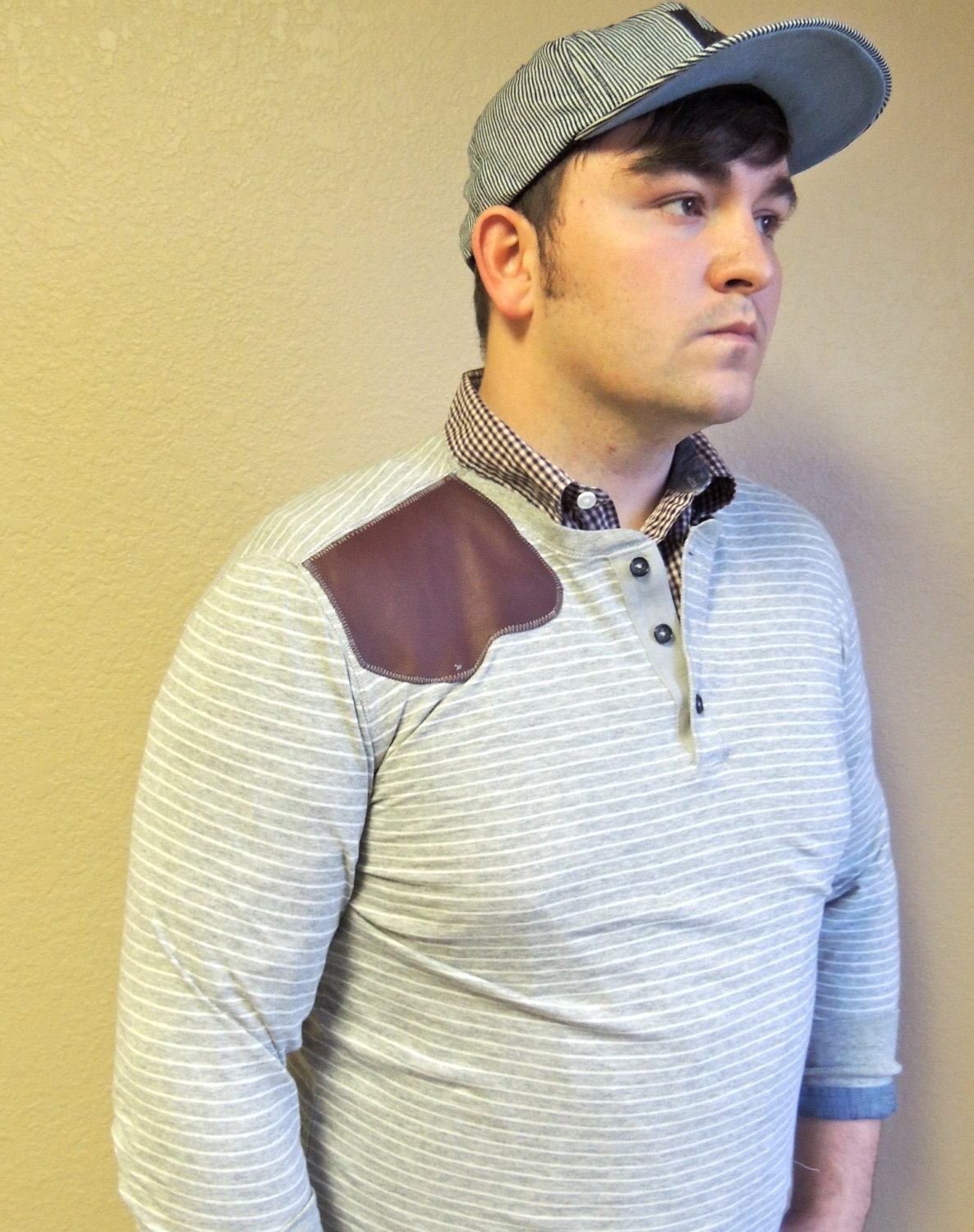 Men's Shirt Long Sleeved Striped Shirt Grey and White with Ox Blood Leather Shoulder Patch Urban Fashion for Men from the Paul McCall Line