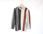 80s Striped Sweater - Black Gray and Orange Long Sleeve Pullover Sweater - M