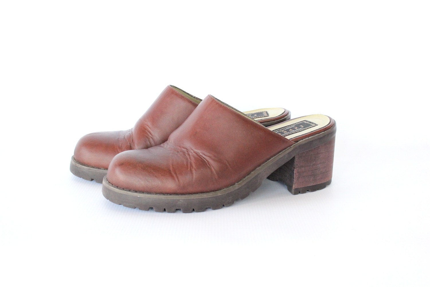 Vintage Brown Leather Clogs - 90s Slip On Stacked Heel Clog Mules - 7.5