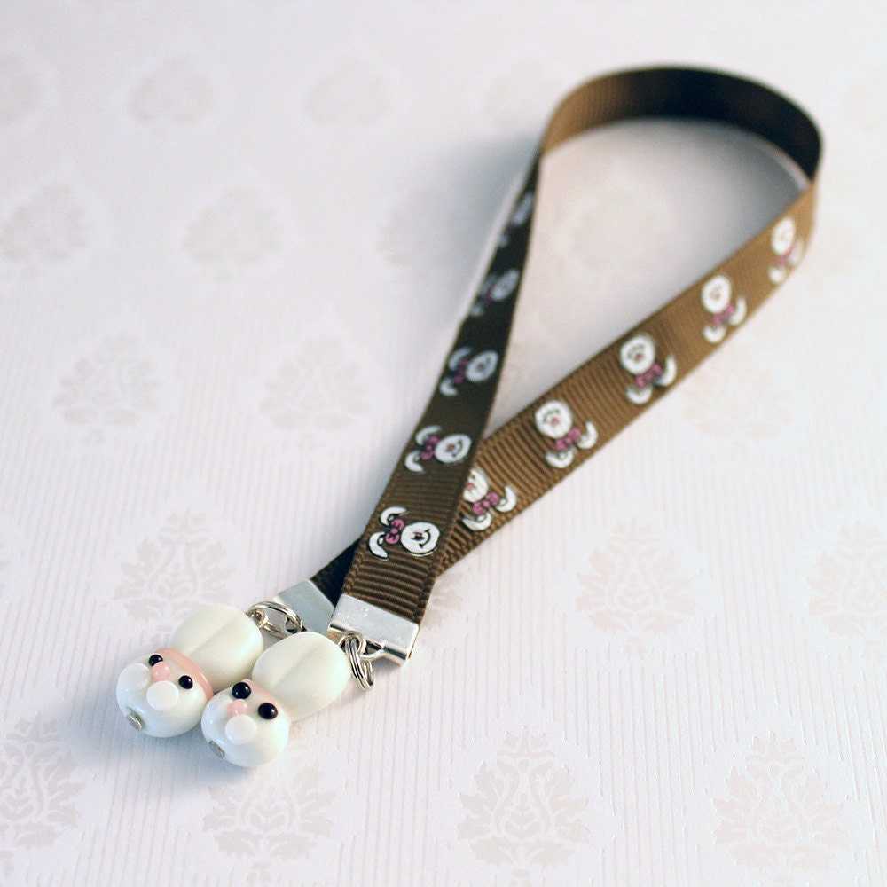 Ribbon Bookmark - White Rabbits, Chocolate Brown, Pink Bows