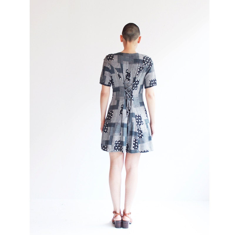Vintage 90s romper - navy and white - patchwork
