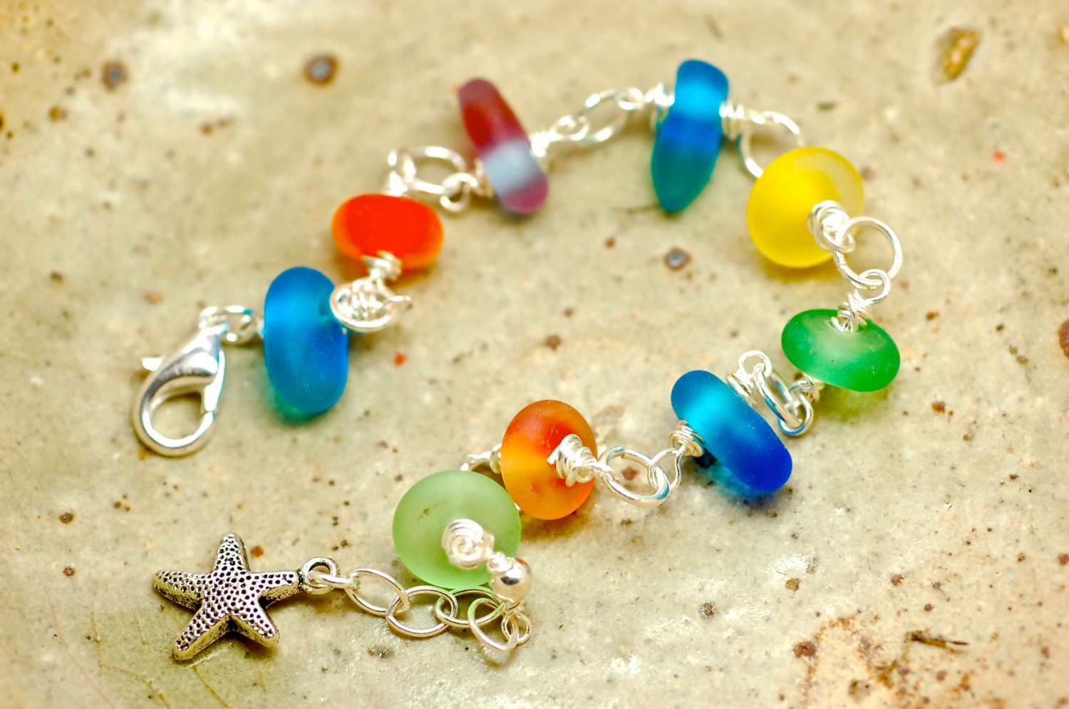 handmade lampwork seaglass style glass and silver bracelet with adjustable sterling silver chain island  charm beadwork bracelet