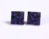 Violet purple glass square stud post earrings (706) - Flat rate shipping