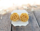 Mustard Yellow Rose Flower Earrings // Goldenrod Flower Earrings // Bridesmaid Gifts // Rustic Vintage Wedding