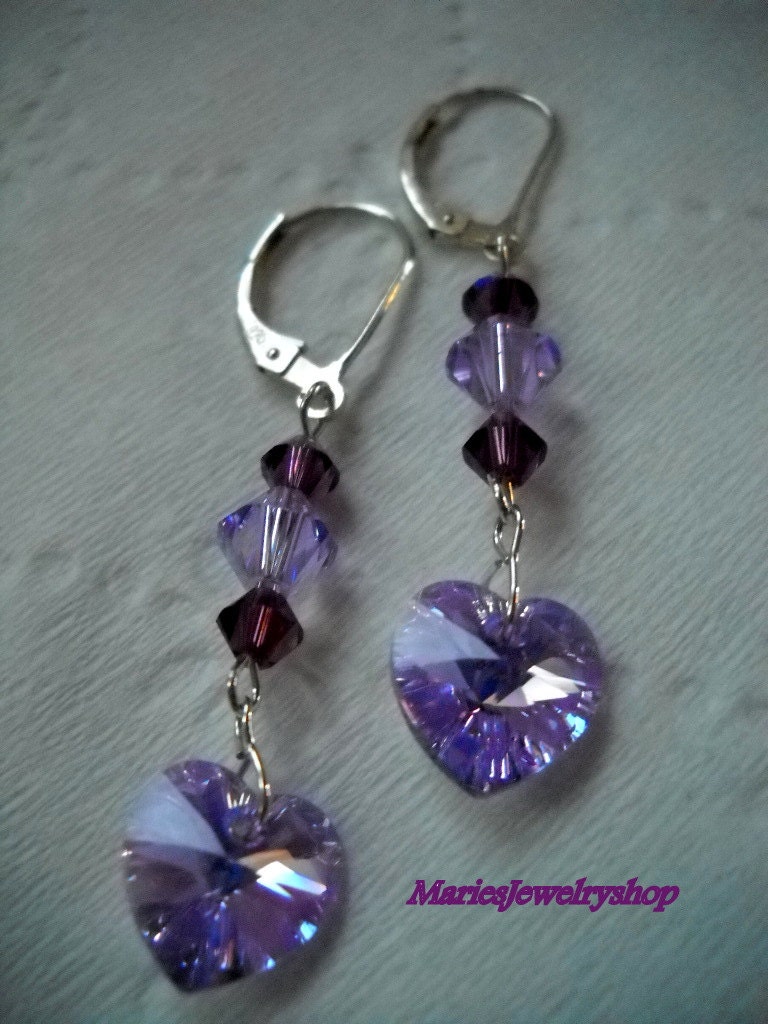 Lavender Violet Heart Drop Earrings,Swarovski Crystals,Sterling Silver,Free USA Shipping,Bridal Gifts, Wedding Jewelry