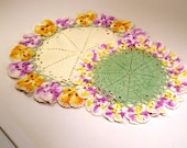 Vintage Two Crochet Pansies Trimmed Doilies Lime Green Purple Gold Cream Yellow Handmade Gorgous Home Decor Decorating Accent 50s Statement