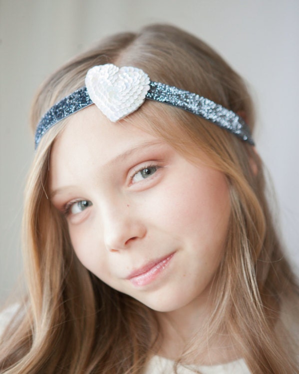 Beaded Sequin Heart Headbands for Girls in Gray and White