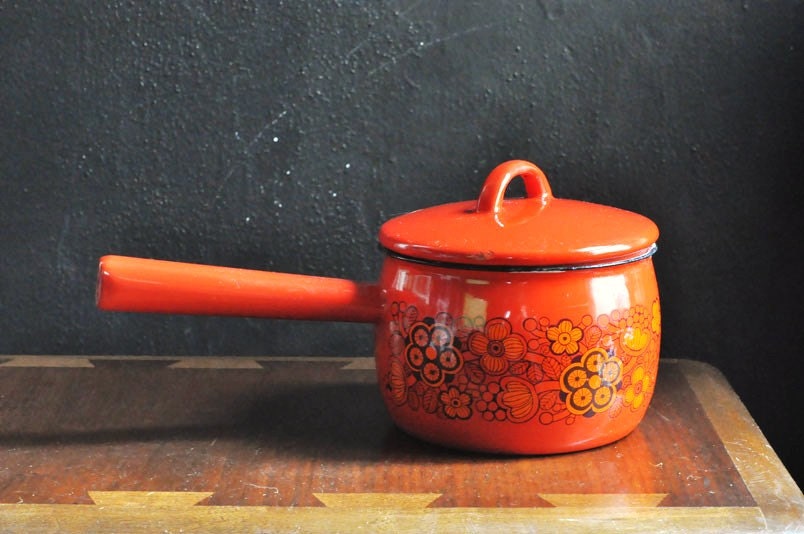Vintage Arabia Finel Modern Enamel Sauce Pan or Pot with Dark Orange Retro Flower Design