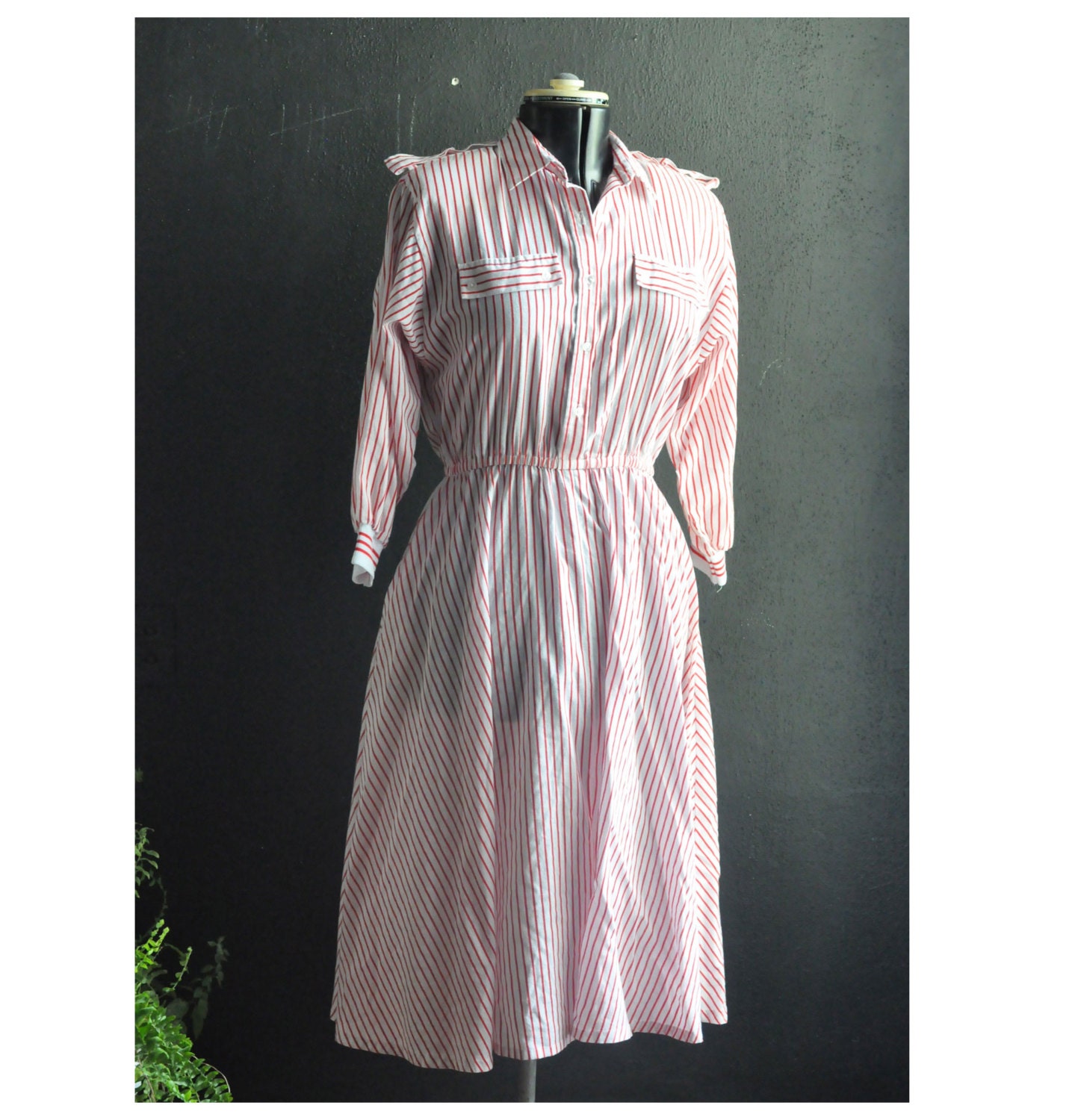 Vintage 1980s Red Striped Shirt waist Dress Size 11-12