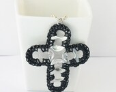 Black crochet pop tab cross necklace - 22 inch