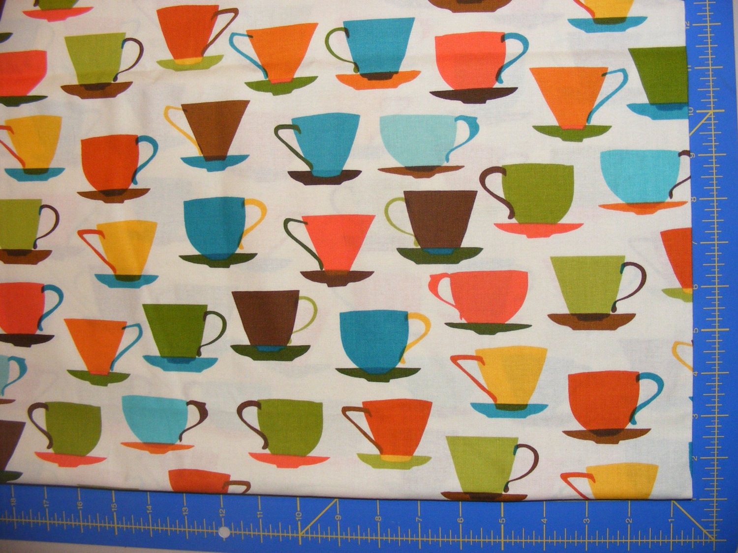 Metro Cafe Coffee Cups Saucers Retro - Next Day Art - Robert Kaufman - Fabric - Fat Quarter 18 by 22