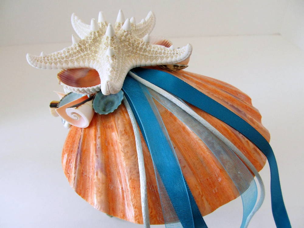Beach Wedding Ring Bearer's Shell with Polished Coral Lion's Paw and Turquoise Limpets and Ribbons