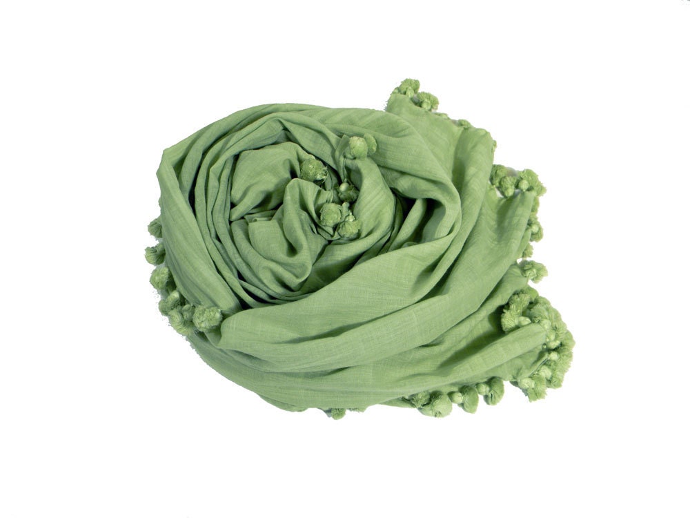 PomPom Tassel Scarf Dupatta - Hand-dyed Cotton - Celadon