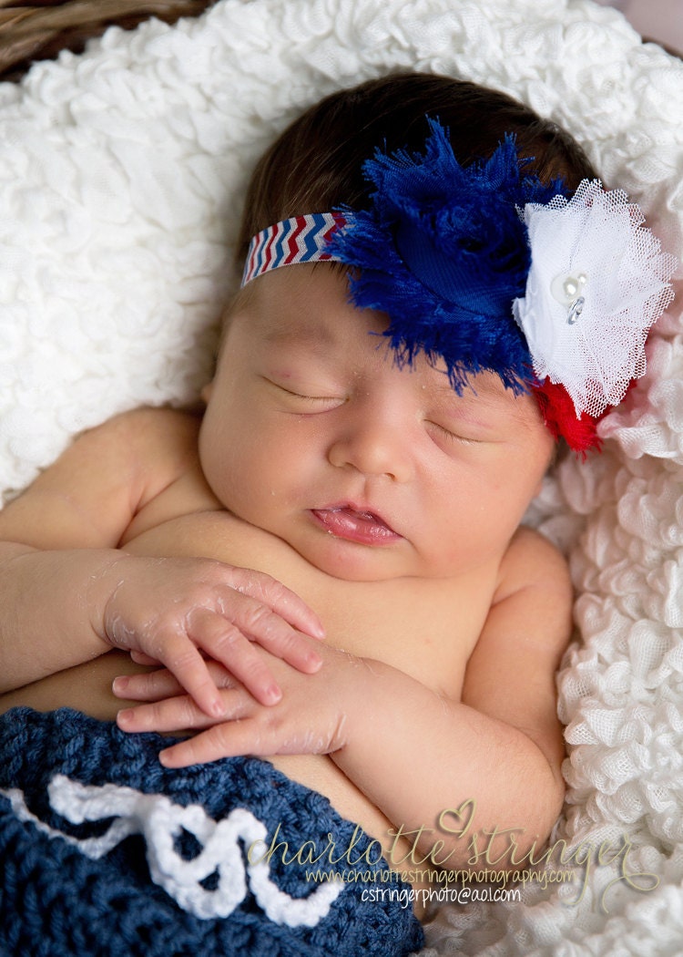 Forth Of July Headband -Baby Girl Headband-  Frayed Flower Stretch Chevron Print Headband- Photo Prop