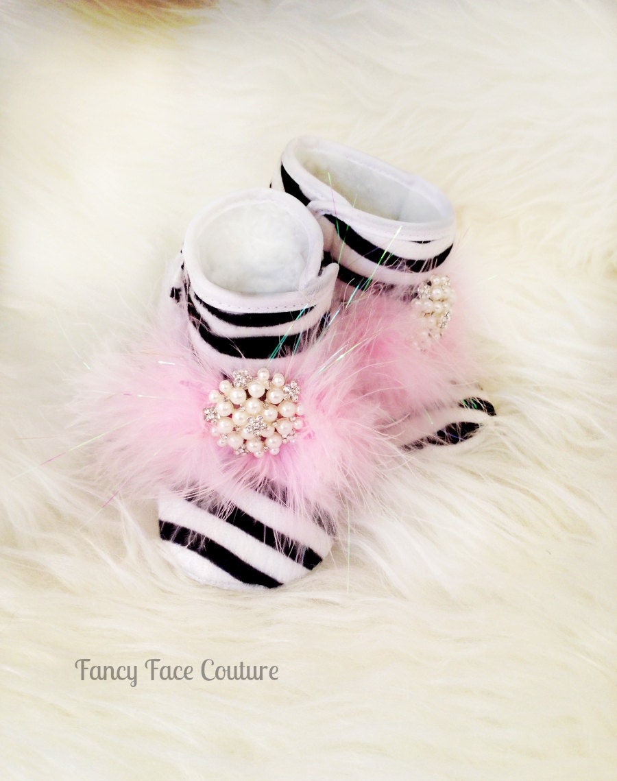 Boutique Zebra Baby Girl Booties Baby Infant Shoes Non Skid with Vintage Crystal Center Size Newborn- 1 year Children- Baby Shower Gift