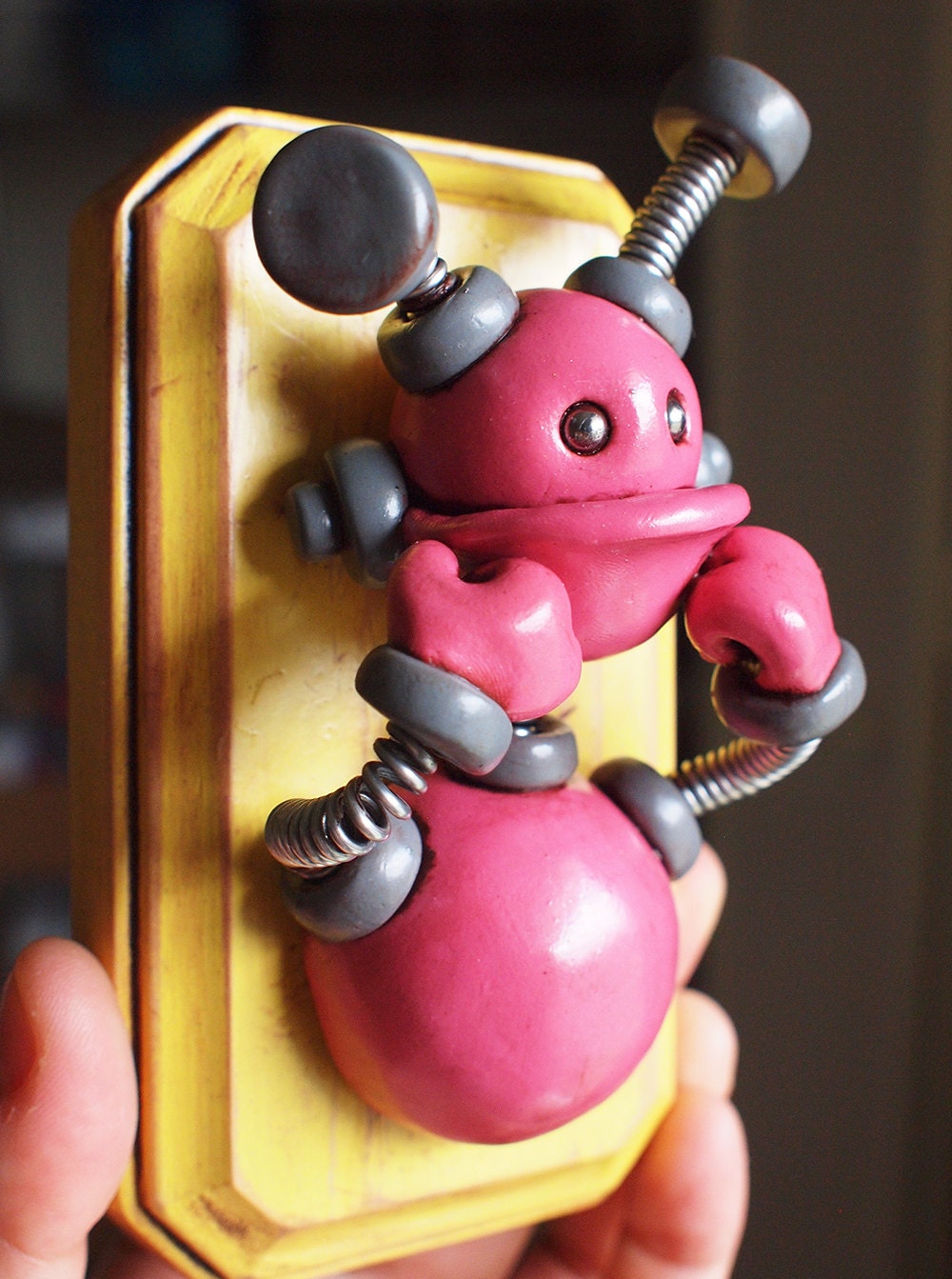 Lady 3D Robot Wall Artwork - Rustic Worn Robot Art - Grumpy Bot - Polymer Clay, Paint, Coiled Wire