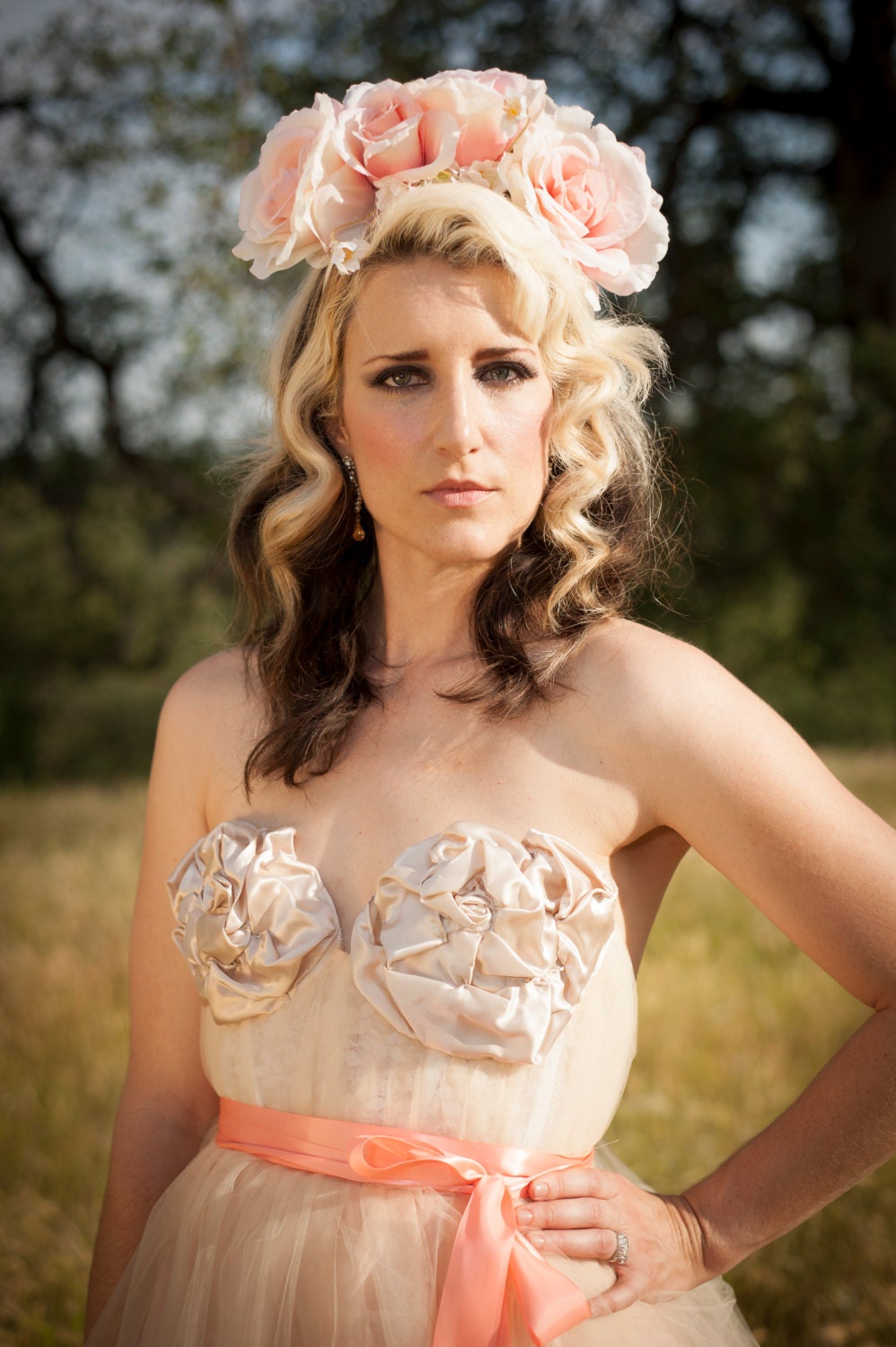 The Blushing Bride Rose Crown Headband in Light Pink/Peach and Dogwood Blossoms Made to Order