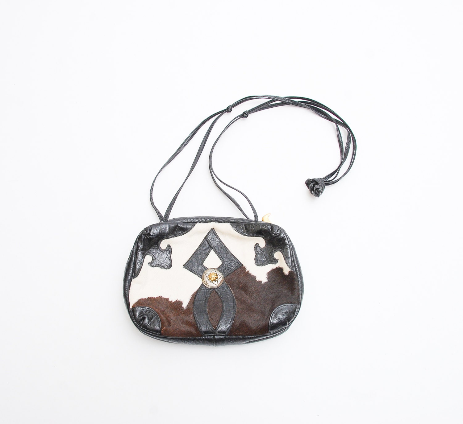80s Black Leather SHARIF Cow Hide Purse - 1980s  Western Appliqued Concho Long Strap Purse Bag