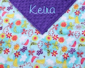 Baby Blanket Personalized - Birds and Flowers Minky and Dark Purple Minky - Girl