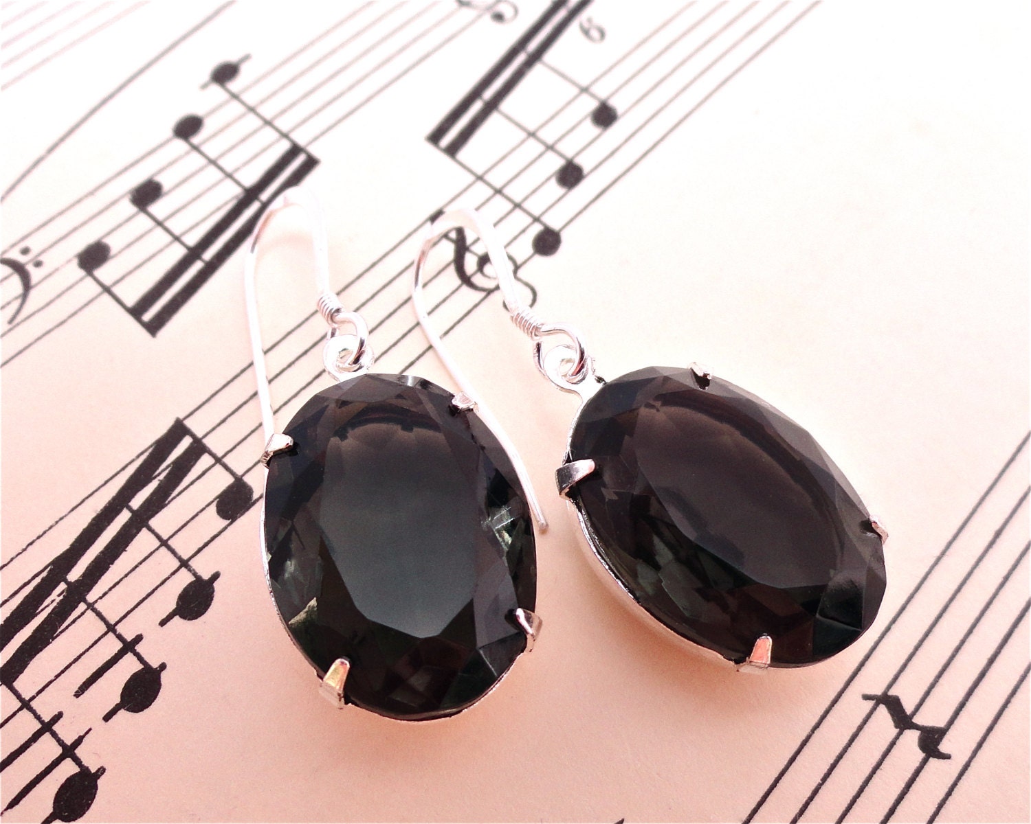 Grand Piano Earrings Vintage Black Swarovski Crystal Ovals Silver Settings
