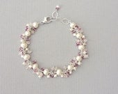 Pink Wedding Bracelet in Sterling Silver, Bridal Jewelry, Rose Quartz and Freshwater Pearls