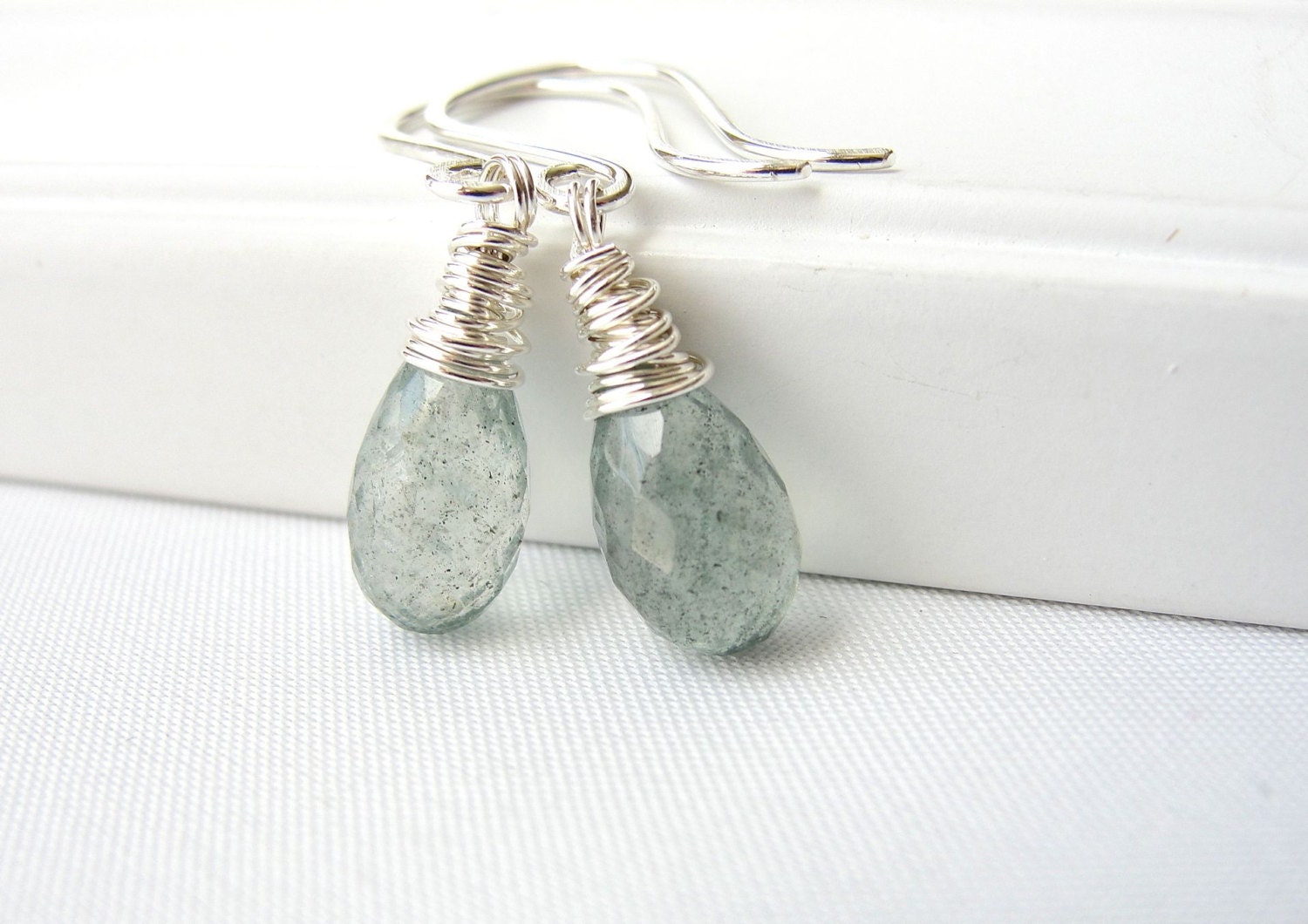 Moss Aquamarine Earrings in Sterling Silver, Wire Wrapped Briolette, March Birthstone Jewelry