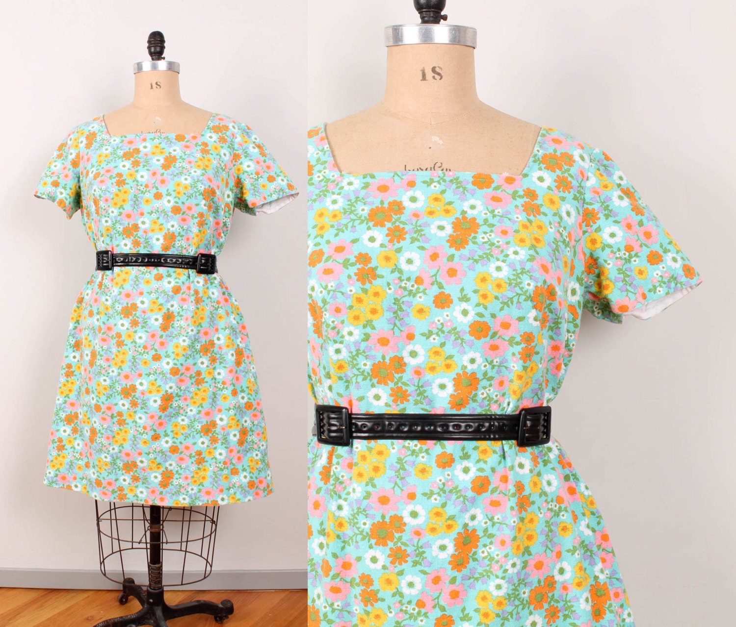60s Handmade Floral Dress - Womens XL - Knee Length Short Sleeve Woven Cotton 1960s Shift Dress Frock Flowers Print Pattern Day Dress Aline