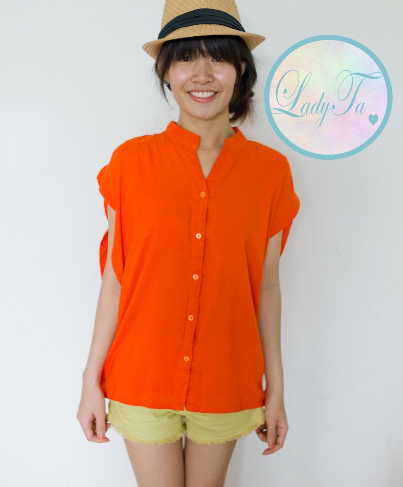 Mandarin Collar Dolman Sleeve Blouse / Orange Neon / Summer / Neon Top