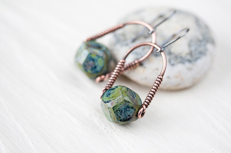 Green Minimalist Earrings - Modern Copper Dangle Earrings, Olive Green Picasso bead - Geometric jewelry, sterling silver earwire