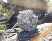 Little Sterling Silver Messy Wire Bird's Nest With Seed Pearl "Eggs" Woodland Ring,Choose Your Size,Made to Order