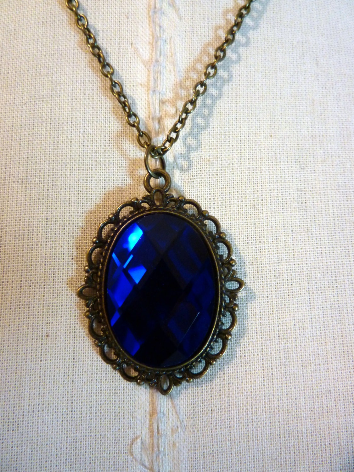 Sapphire Blue Jewel Pendant Necklace Wedding Edwardian Elegant Antique Bronze Filigree by Joolienn on etsy