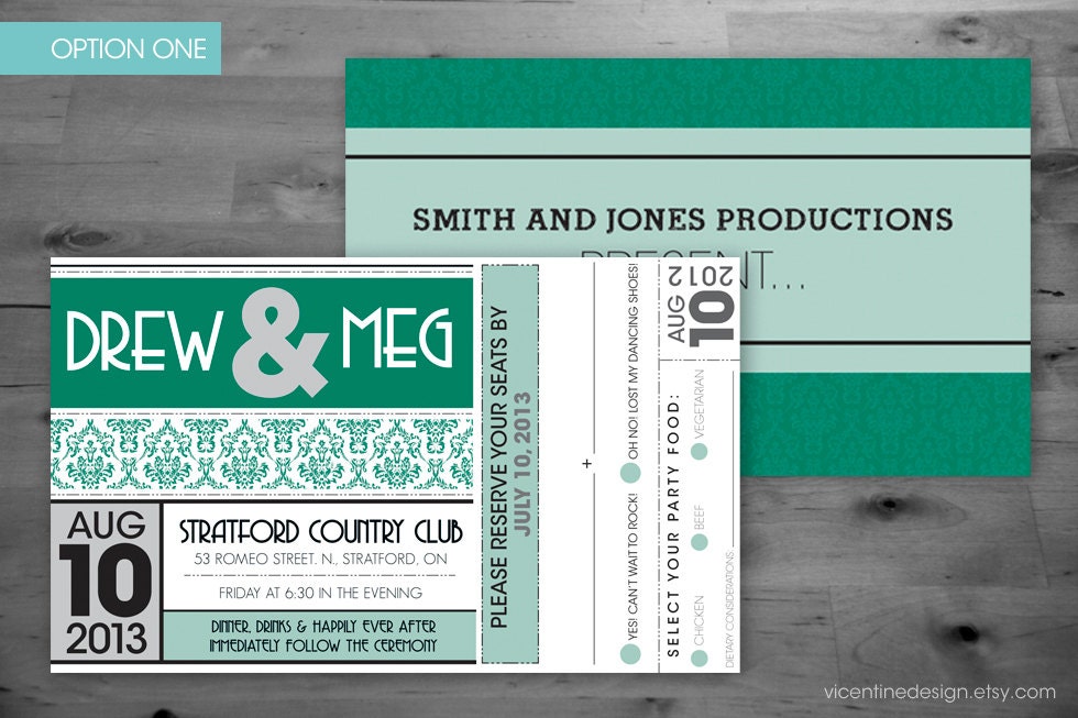 Wedding Invitation - Ticket Style - Concert, Movie, Theatre - Wedding Invitation and RSVP Card Set - A Popular Wedding Style