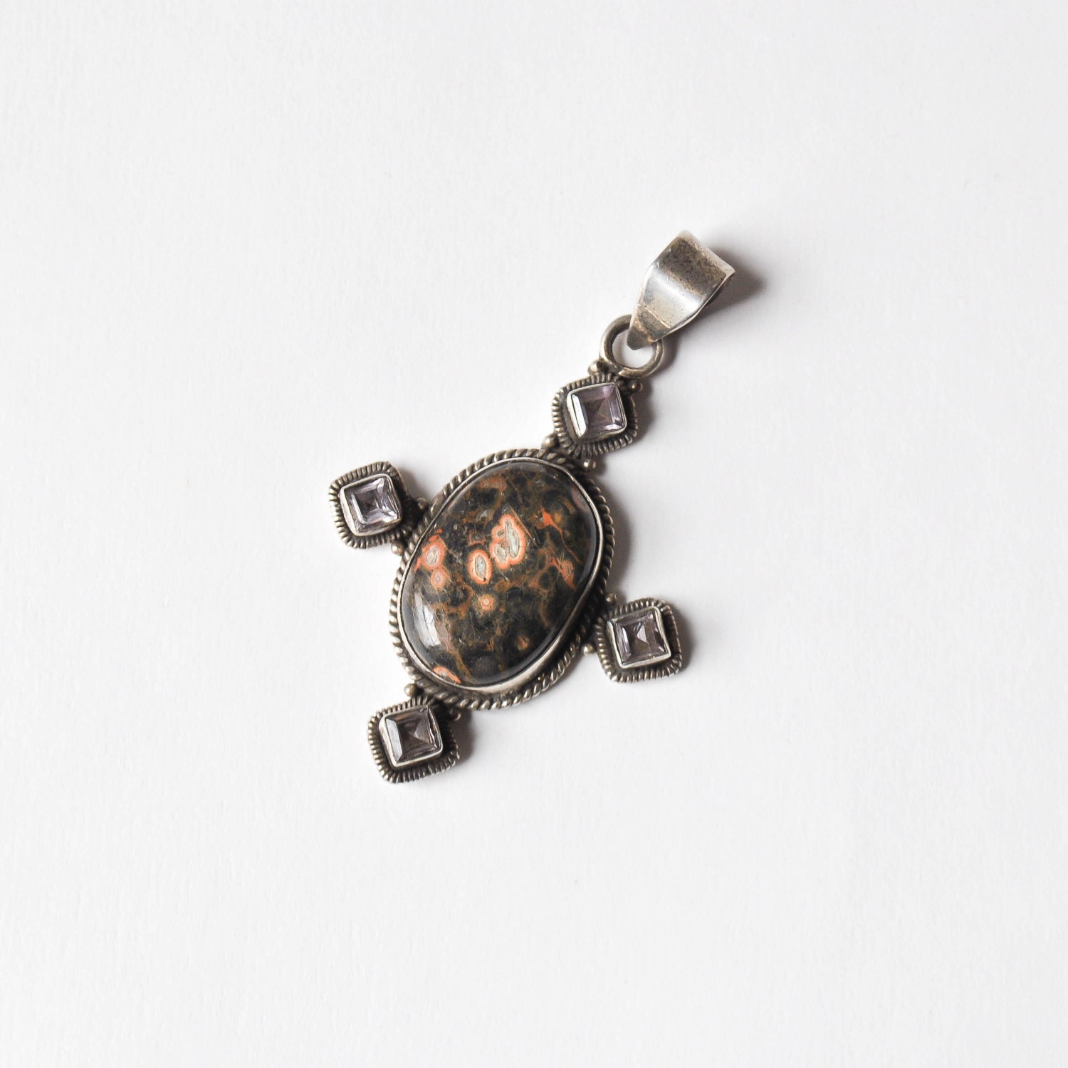 vintage sterling silver crazy lace agate pendant / Four Winds pendant