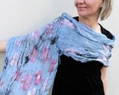 Nuno felted scarf shawl merino wool and silk with pink flowers feminine romantic fashion for her - "The Cherry Blossoms"