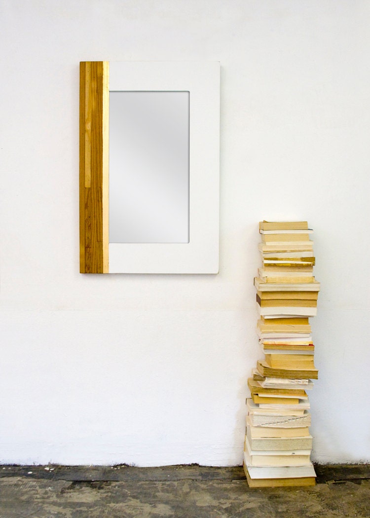 Reclaimed Wood Mirror with Gold Leaf Accent and White Frame