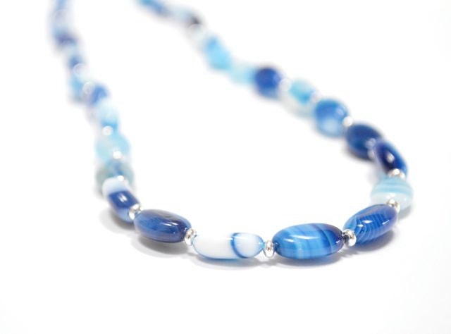 Cobalt Navy Blue Necklace,Cadet Blue Bright White Swirls Stripe Agate Summer Fashion Gift For Her Sailor
